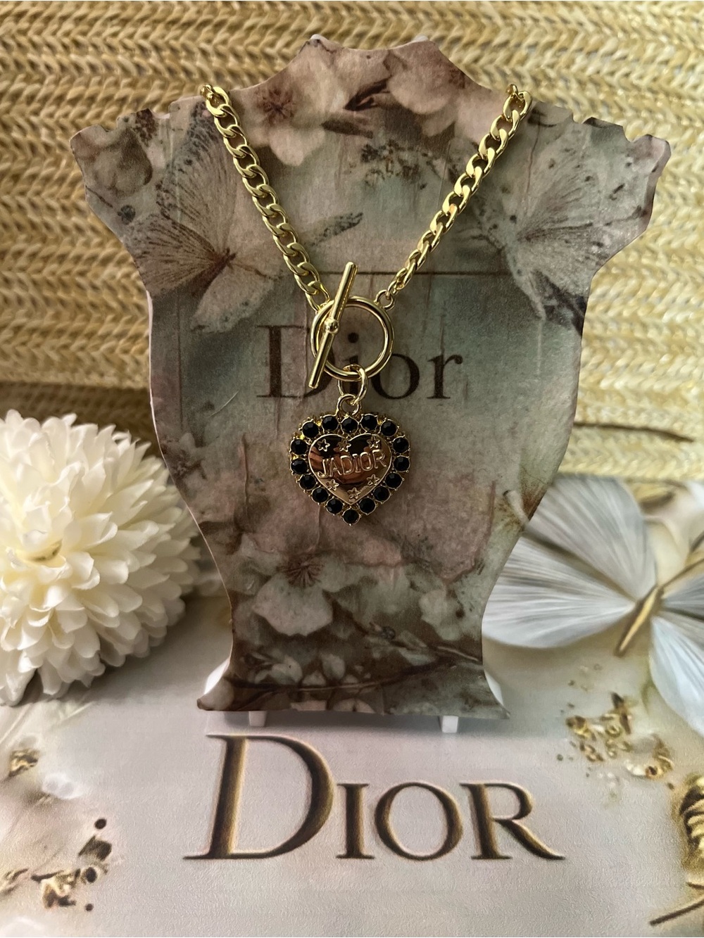 Dior Gold-Tone J'Adior Heart Necklace with Black Stones